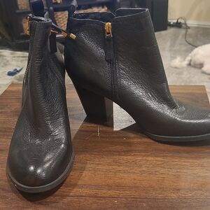 Franco Sarto Black Leather Ankle Booties with Gold Accents